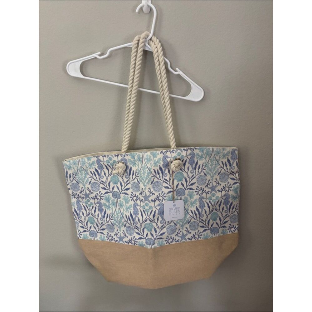 NWT Sigrid Olsen Nautical Coastal Beach Tote Bag Blue White Rope Handles